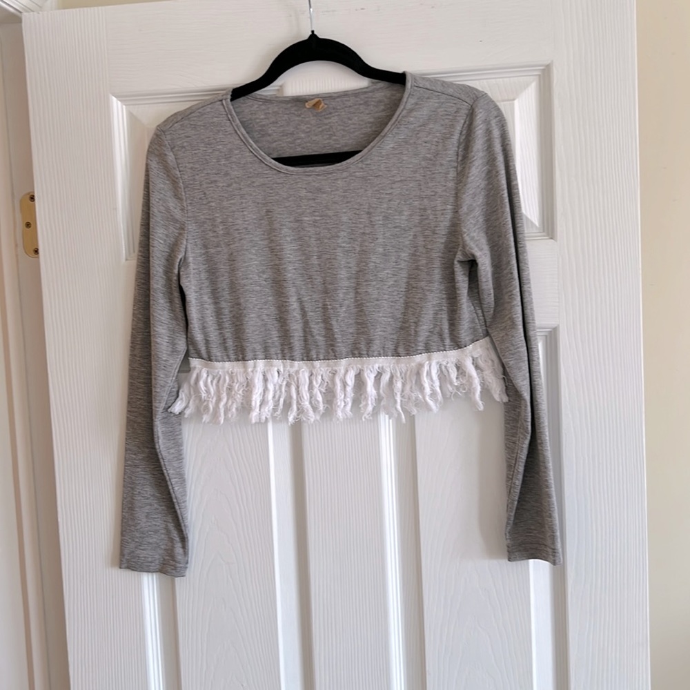 Grey Long Sleeve Crop Top with White Fringe Trim Size S